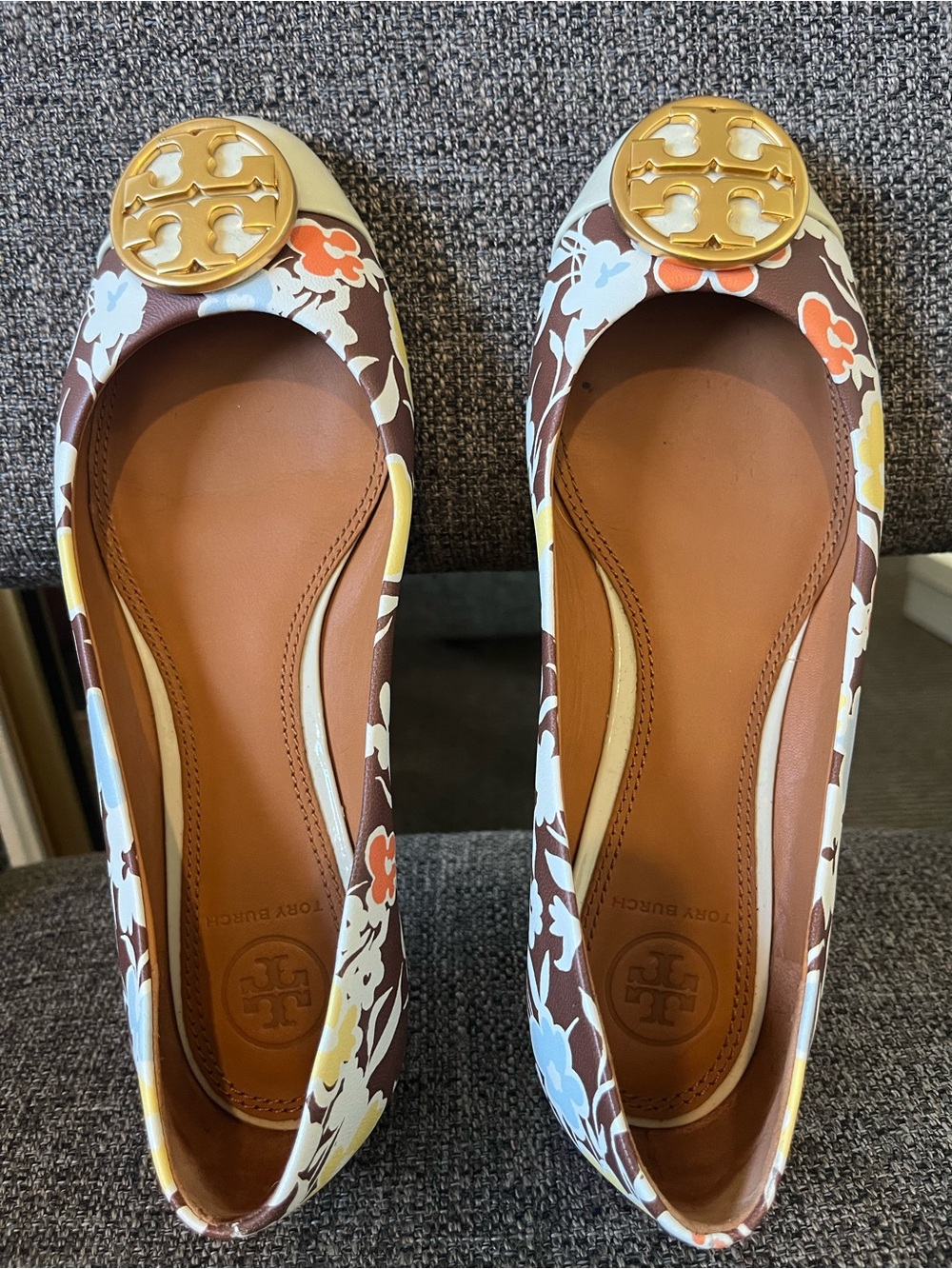 Tory Burch Brown Multi Floral Logo Ballet Flats